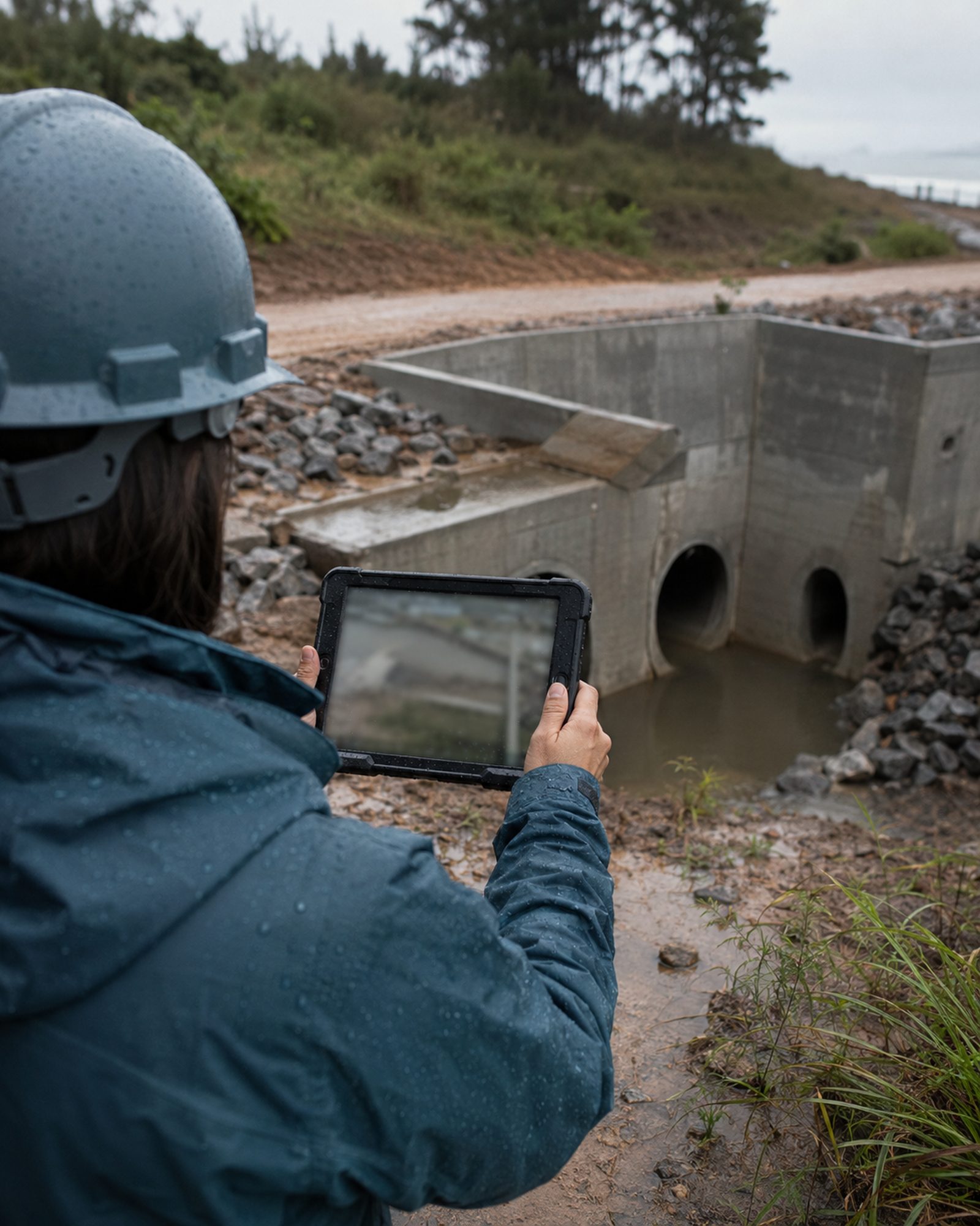 Técnica com capacete e capa de chuva registra em um tablet reforçado uma estrutura de drenagem de concreto durante vistoria de obra à beira-mar.