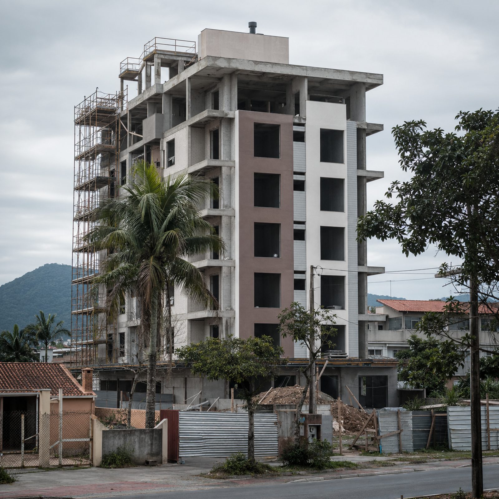 Obra de construção civil e empreendimento imobiliário em andamento.