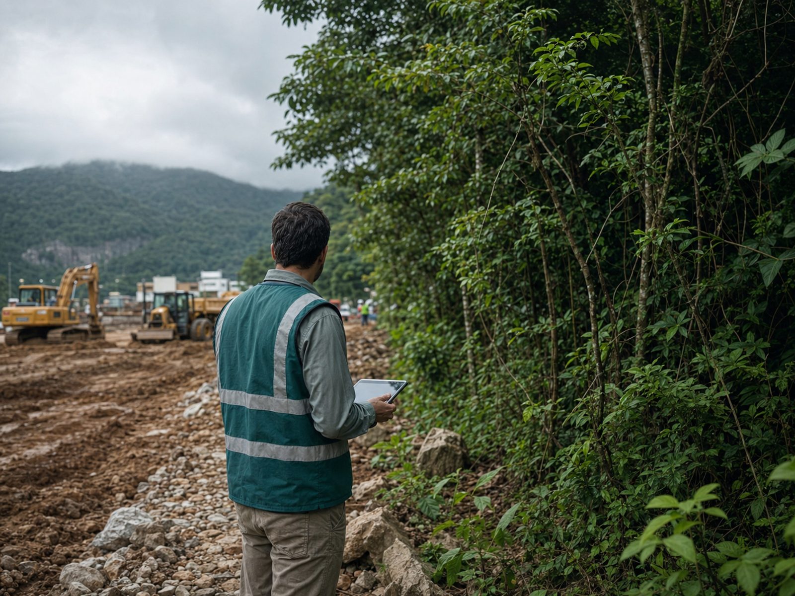 Técnica da Ecosense em vistoria de obra, registrando o local pelo aplicativo de campo.